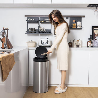 Silver 8-gallon automatic trash can with stainless steel frame and touchless operation, ideal for modern kitchen or office use.
