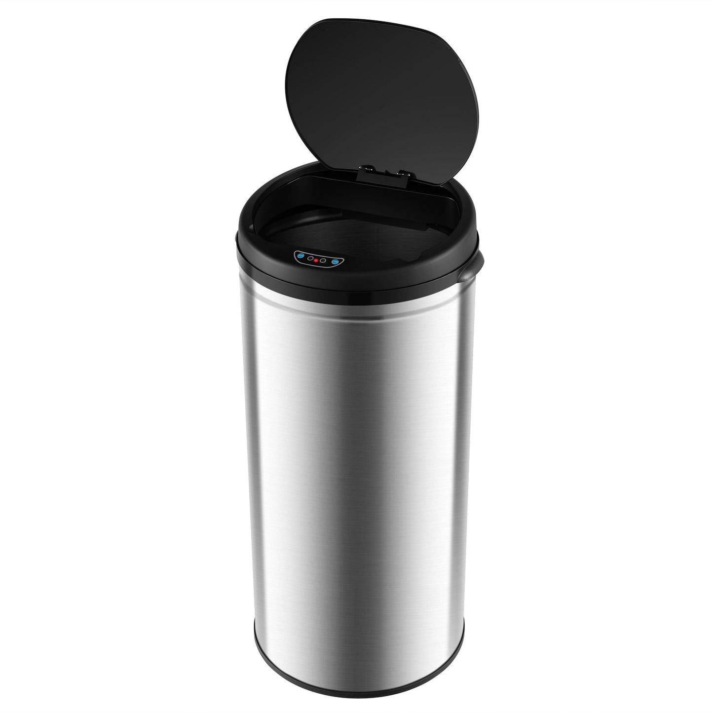 Silver 8-gallon automatic trash can with stainless steel frame and touchless operation, ideal for modern kitchen or office waste disposal.