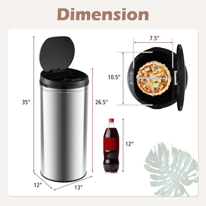 Silver 8-gallon automatic trash can with stainless steel frame and touchless operation, designed for convenient waste disposal.
