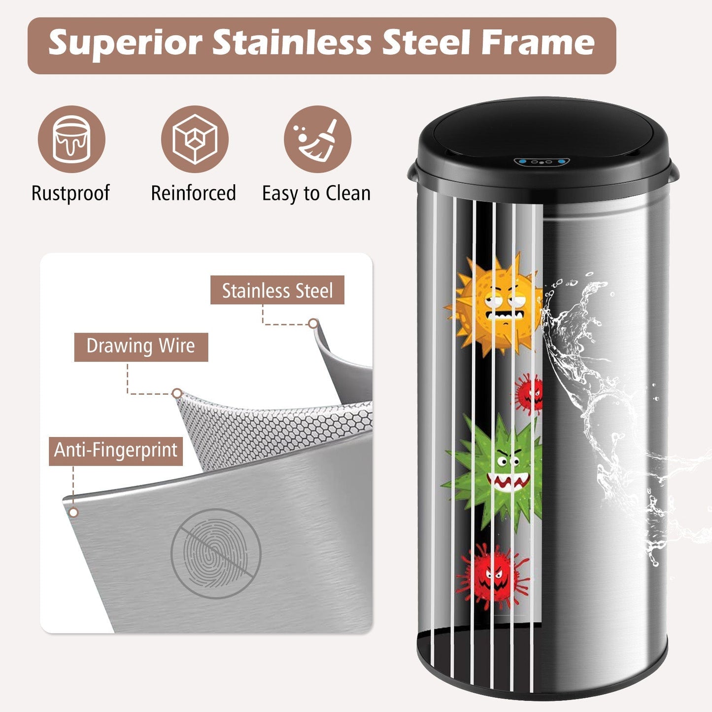 8-gallon automatic trash can with stainless steel frame by DirectDeals, touchless waste bin in silver with sleek design.