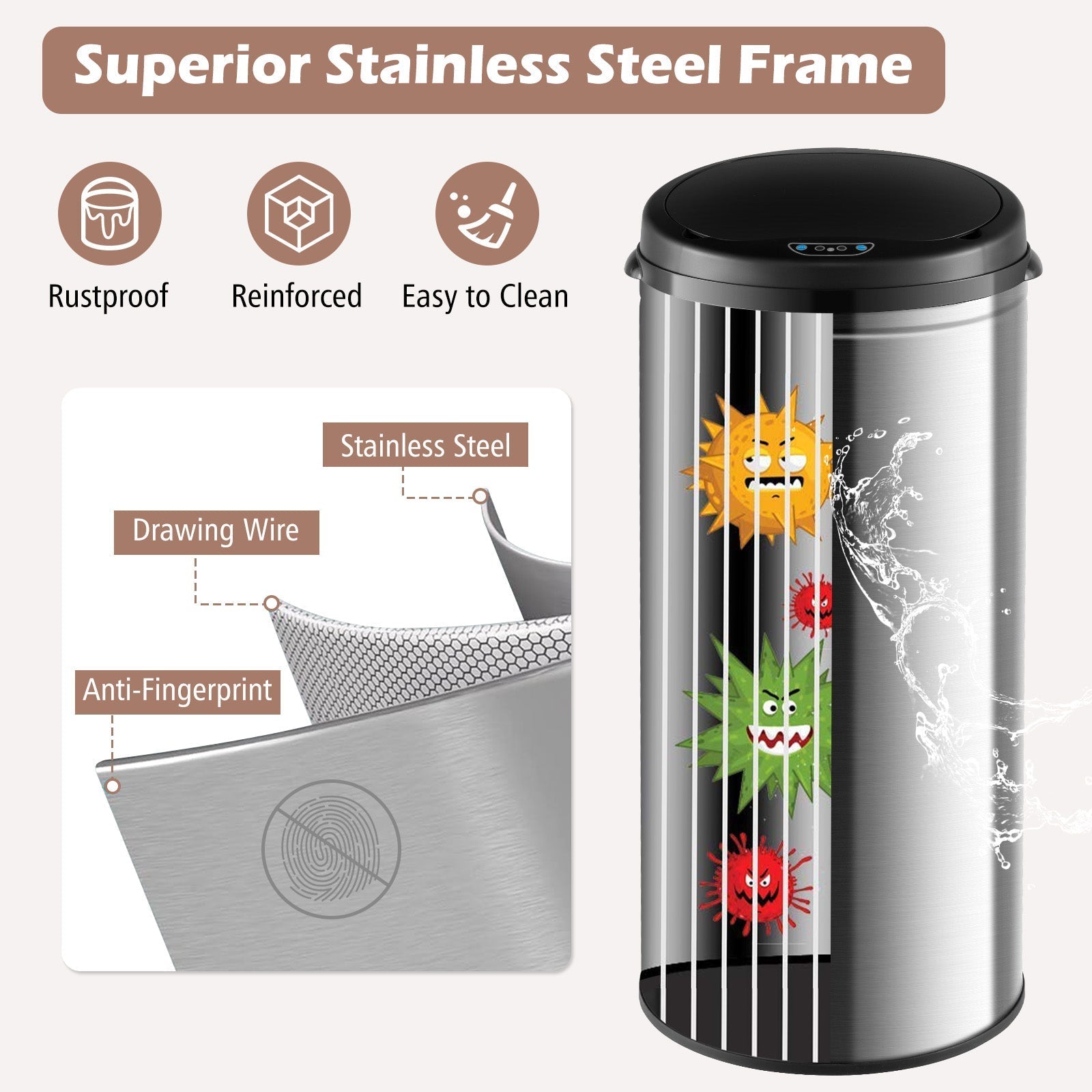 8-gallon automatic trash can with stainless steel frame by DirectDeals, touchless waste bin in silver with sleek design.