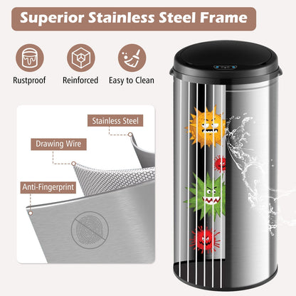 8-gallon automatic trash can with stainless steel frame by DirectDeals, touchless waste bin in silver with sleek design.