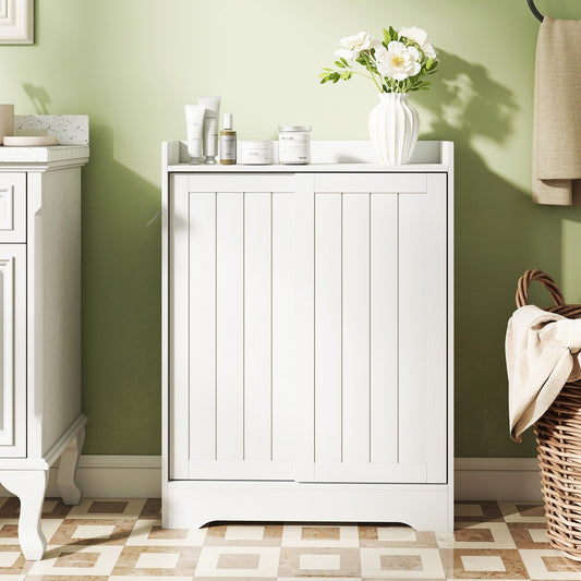 White bathroom storage cabinet with slim design, floor-standing, includes built-in toilet paper holders, by DirectDeals.