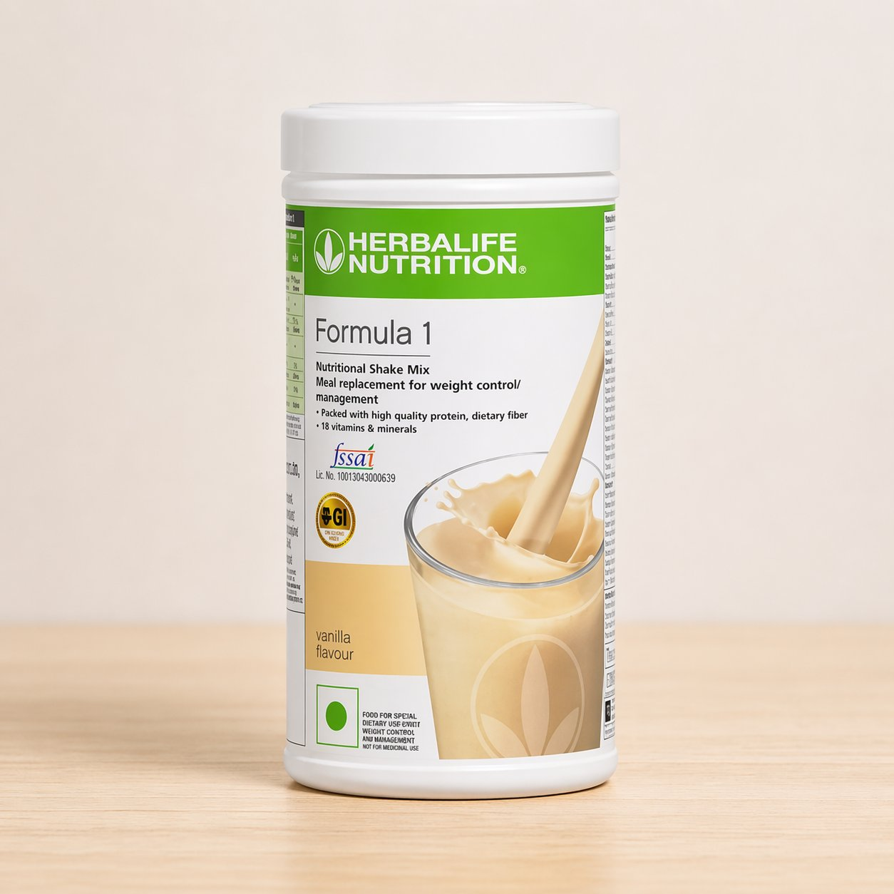 Herbalife Formula 1 Vanilla Nutritional Shake Mix in 500g container, creamy vanilla powder for healthy meal replacement.