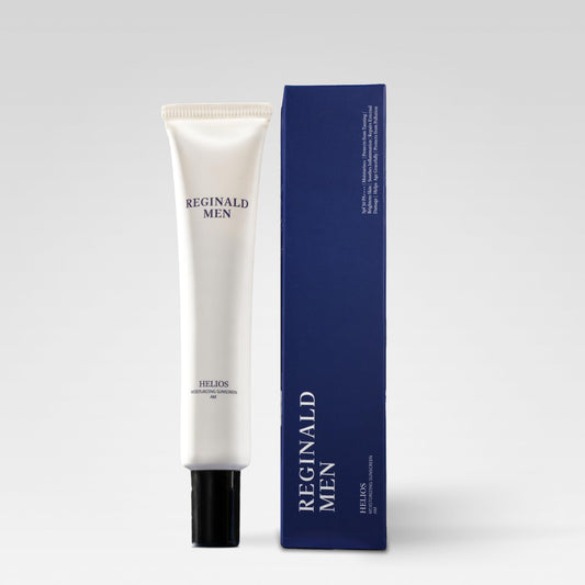 Reginald Men Sunscreen SPF 50 PA++++ by Dista, brightening and moisturizing sunscreen bottle with pump dispenser.