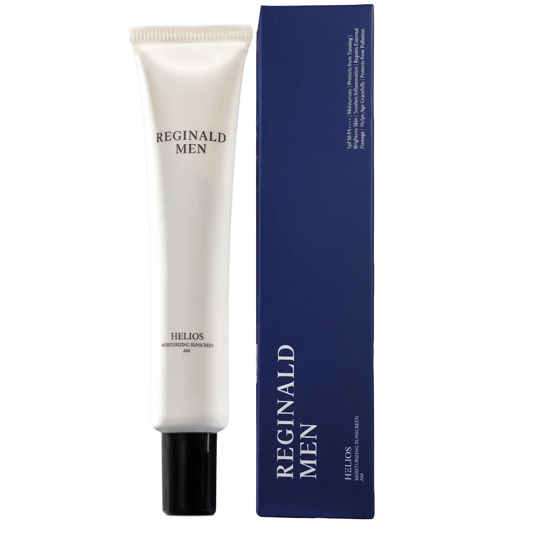 Dista Reginald Men Sunscreen SPF 50 PA++++ in a 50g tube, with brightening and moisturizing formula, designed for men's skincare.