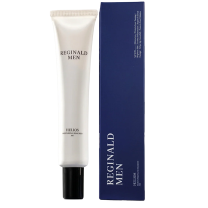 Dista Reginald Men Sunscreen SPF 50 PA++++ in a 50g tube, with brightening and moisturizing formula, designed for men's skincare.