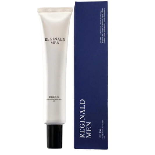 Reginald Men Sunscreen SPF 50 PA++++ by Dista, brightening and moisturizing formula, in a sleek tube with blue and white packaging.