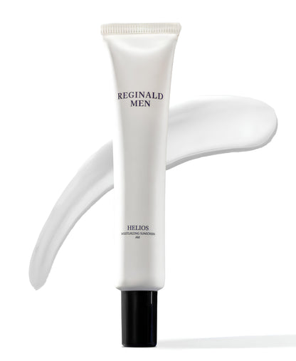 Dista Reginald Men Sunscreen SPF 50 PA++++ brightening and moisturizing cream in a 50g tube with the product label visible.