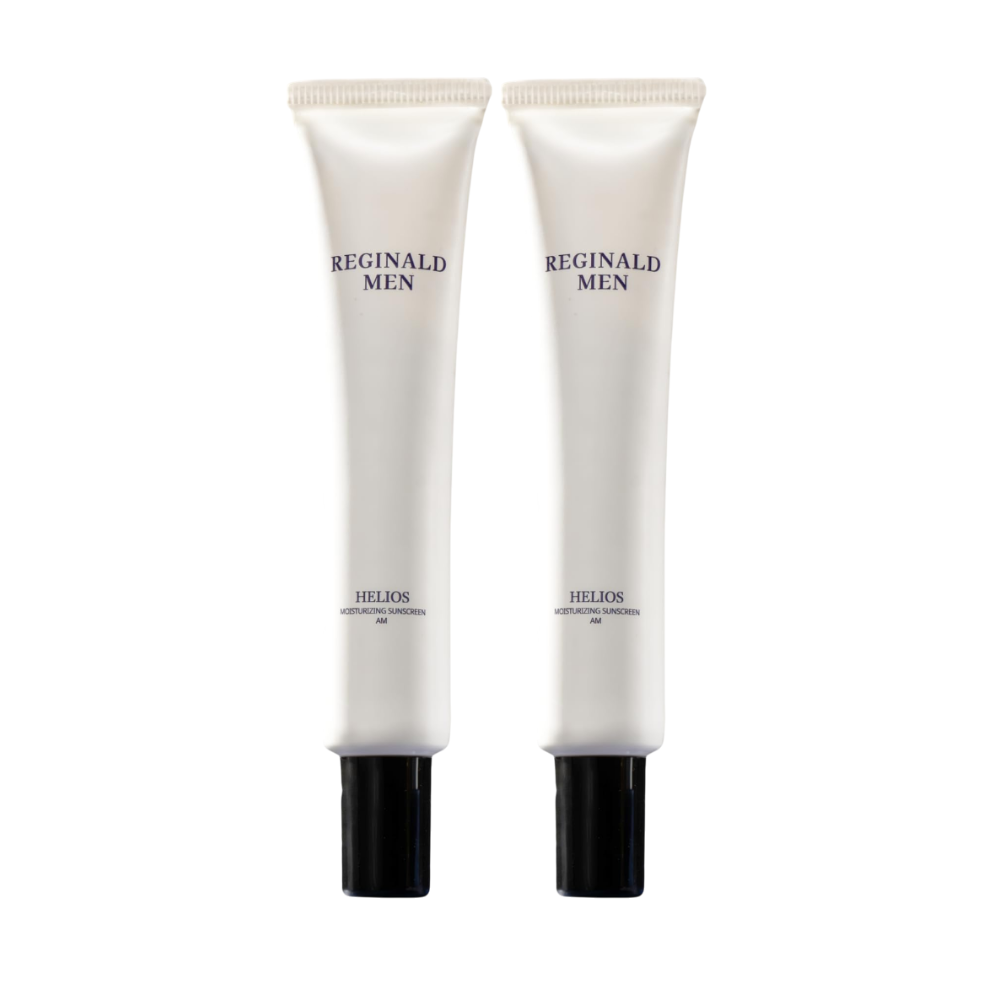Reginald Men Sunscreen SPF 50 PA++++ by Dista in a 50g tube featuring brightening and moisturizing properties.