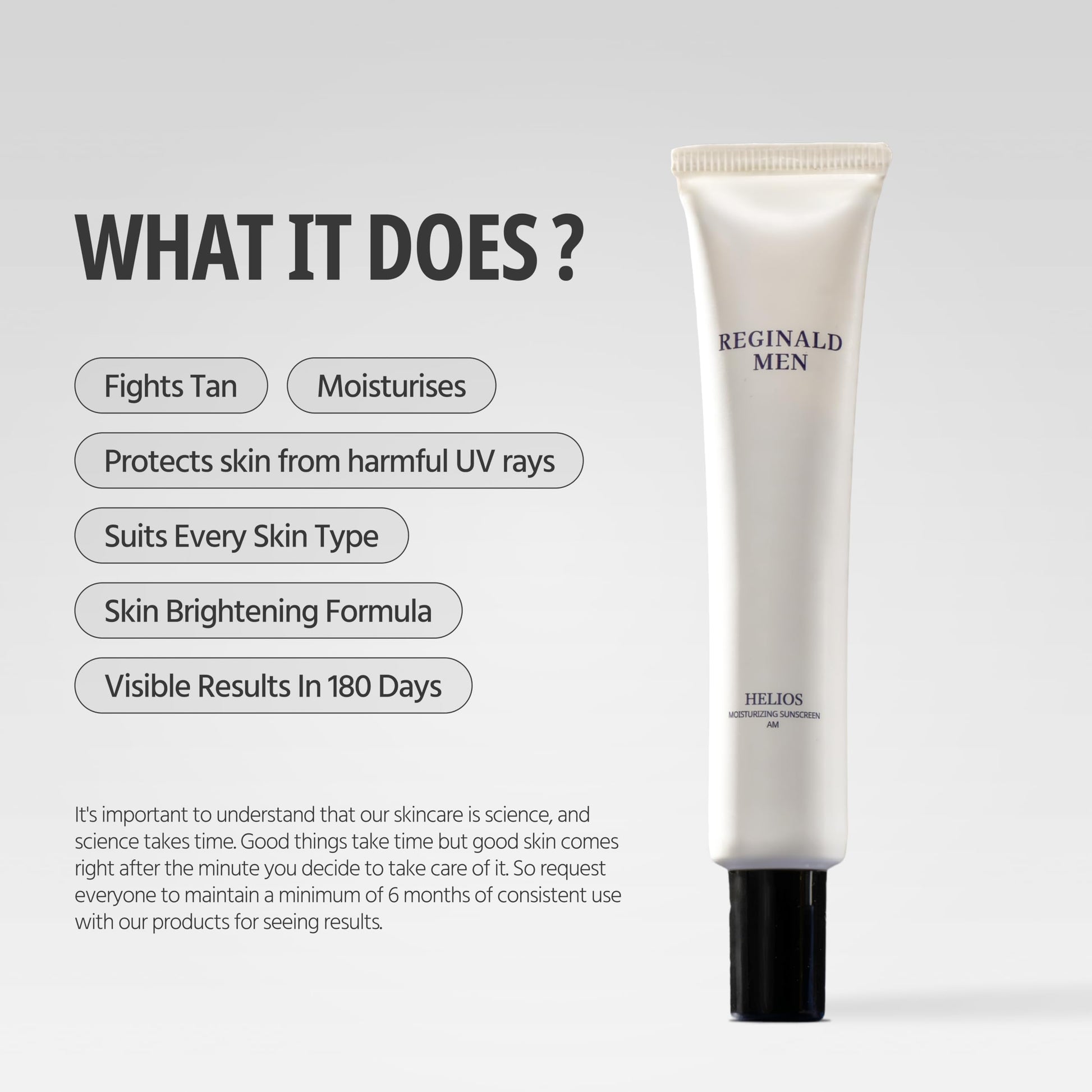 Dista Reginald Men Sunscreen SPF 50 PA++++ in a 50g tube, featuring brightening and moisturizing properties for men's skin.