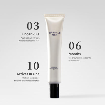 Dista Reginald Men Sunscreen SPF 50 PA++++ brightening and moisturizing cream in a 50g tube, designed for men's skincare.