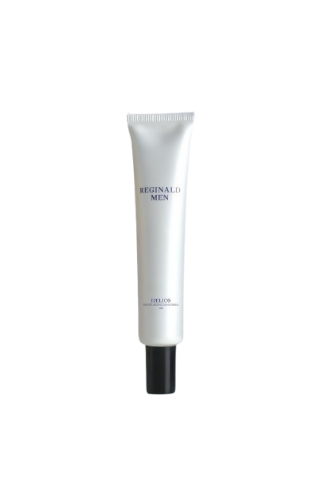 Dista Reginald Men Sunscreen SPF 50 PA++++ in a 50g tube, featuring brightening and moisturizing benefits for men's skin.