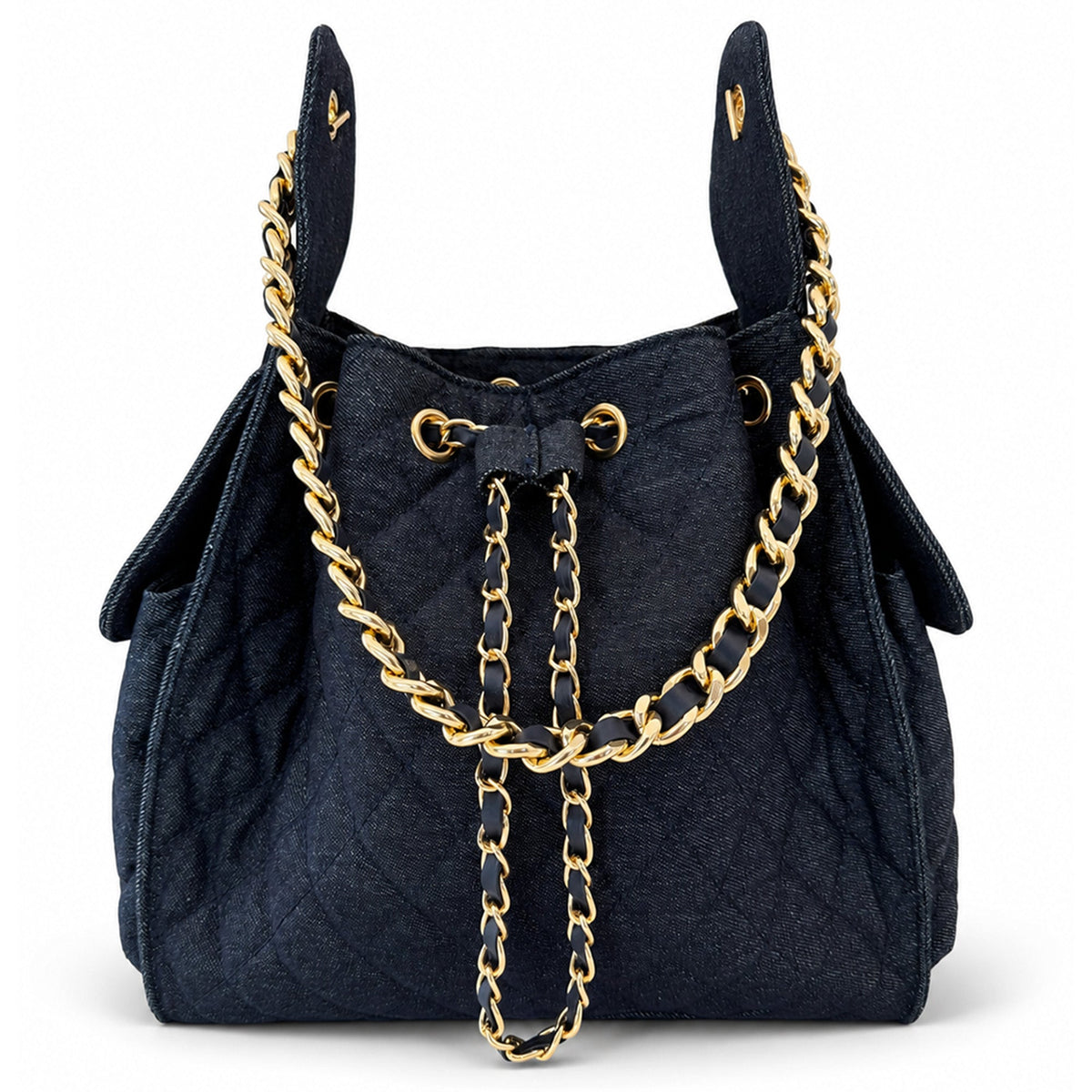 Medium Bayshore Bucket Bag by BEACH HAUS in dark wash denim, featuring a casual, stylish design with sturdy straps and spacious interior.