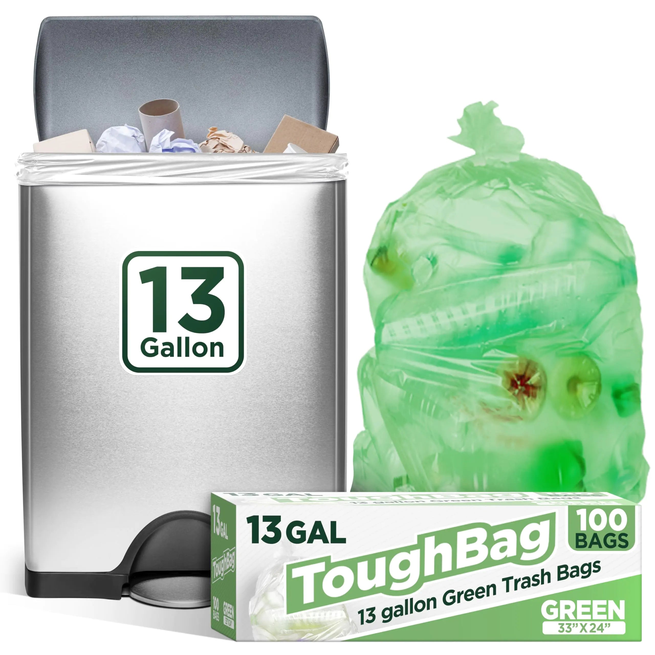 ToughBag 13 Gallon Trash Bags (100 Count) - Kitchen Trash Bags Green Recycle Can Liners