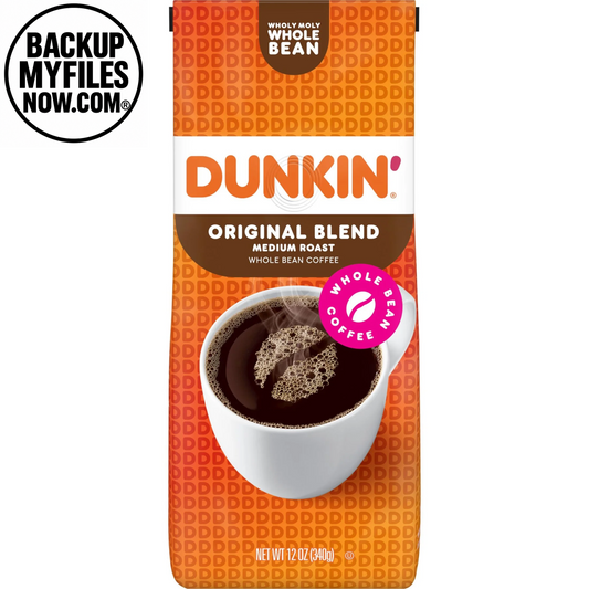Dunkin’ Original Blend Whole Bean Coffee in a 12 oz bag, medium roast, fresh coffee beans for brewing.
