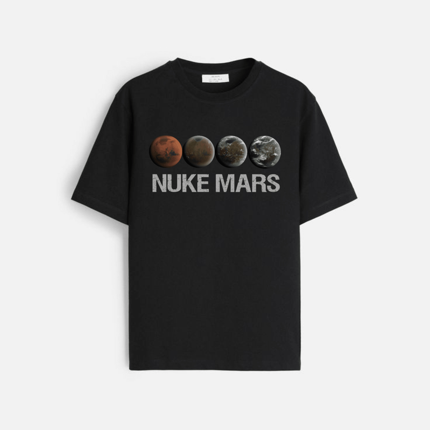 Black Nuke Mars Essential T-Shirt by Dog Mom Hat featuring Elon Musk SpaceX-inspired design and space-themed graphics.