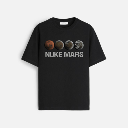 Black Nuke Mars Essential T-Shirt by Dog Mom Hat featuring Elon Musk SpaceX-inspired design and space-themed graphics.