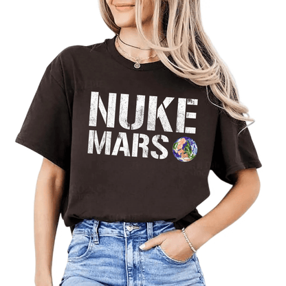 Dog Mom Hat Nuke Mars T-Shirt featuring Elon Musk and SpaceX inspired space exploration graphic on black cotton tee.