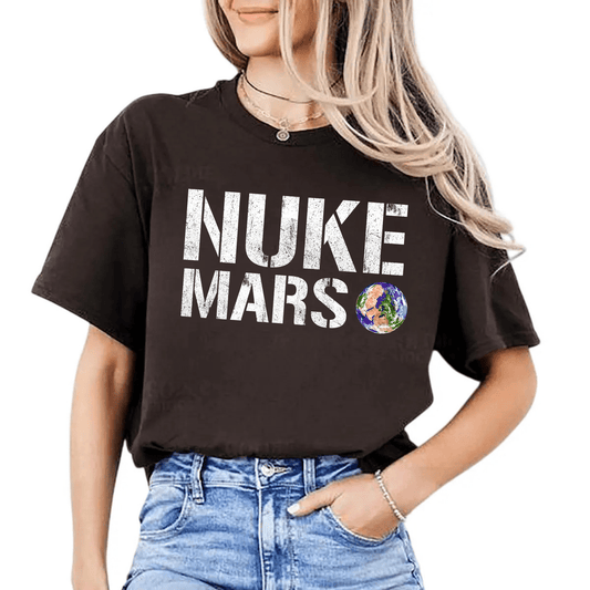 Dog Mom Hat Nuke Mars T-Shirt featuring Elon Musk and SpaceX inspired space exploration graphic on black cotton tee.