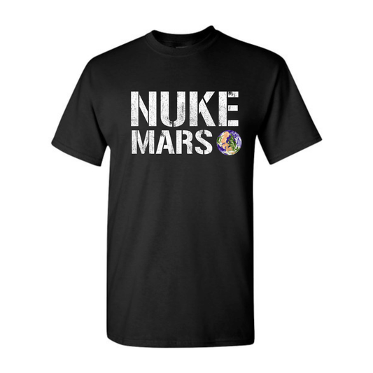 Black Nuke Mars T-shirt from Dog Mom Hat featuring Elon Musk SpaceX-inspired design and a to the stars graphic for sci-fi fans.