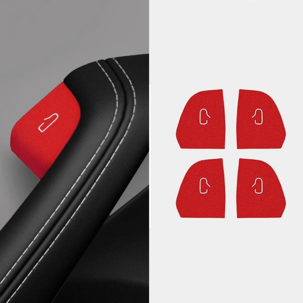 Tesla Model Y Juniper and Model 3 Highland door open button stickers by Tesery, featuring badge-style design on clear background.