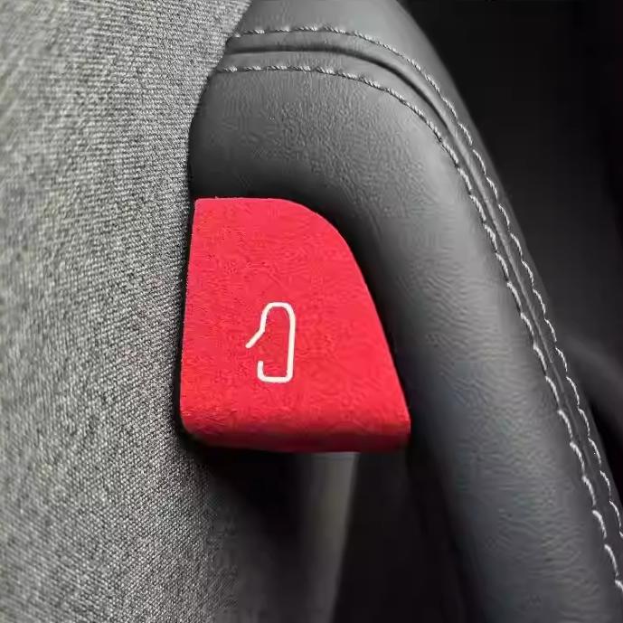 Tesla Model Y Juniper and Model 3 Highland door open button stickers by Tesery, featuring stylish badge design on a clean background.