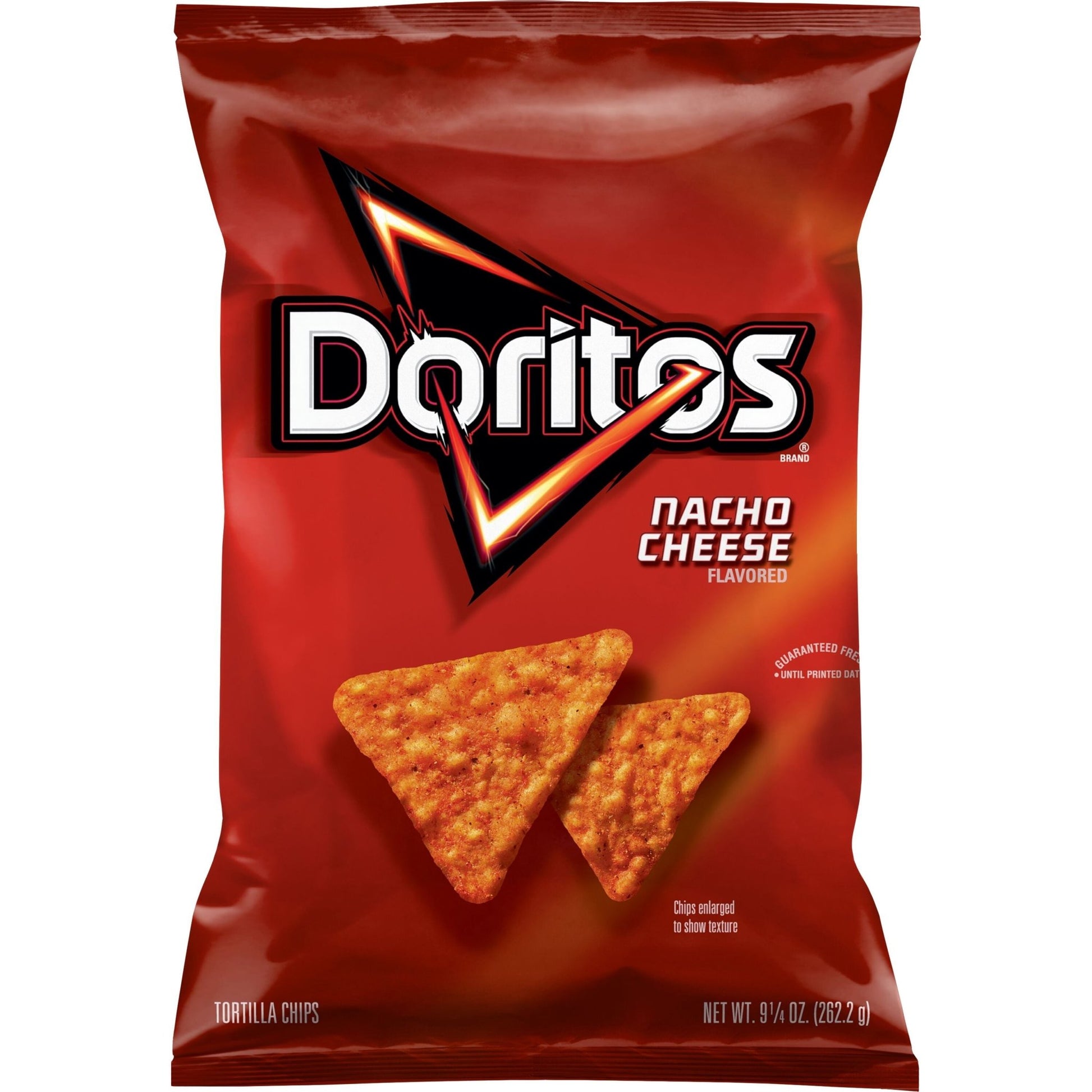 Doritos Nacho Cheese flavored tortilla chips in a 9.25 oz bag, crispy snack with vibrant orange cheese seasoning.