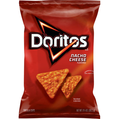 Doritos Nacho Cheese flavored tortilla chips in a 9.25 oz bag, crispy snack with vibrant orange cheese seasoning.