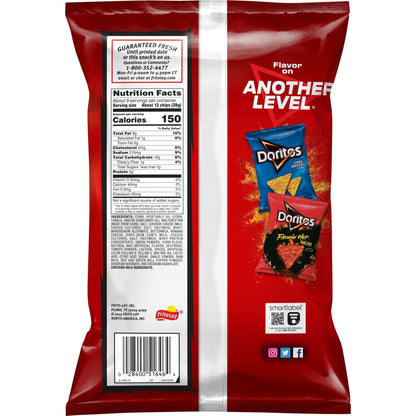 Doritos Nacho Cheese flavored tortilla chips in a 9.25 oz bag, crispy snack with vibrant orange cheese seasoning.