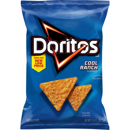 Bag of Doritos Nacho Cheese flavored tortilla chips, 9.25 oz, showing crunchy, triangular chips with cheesy seasoning.