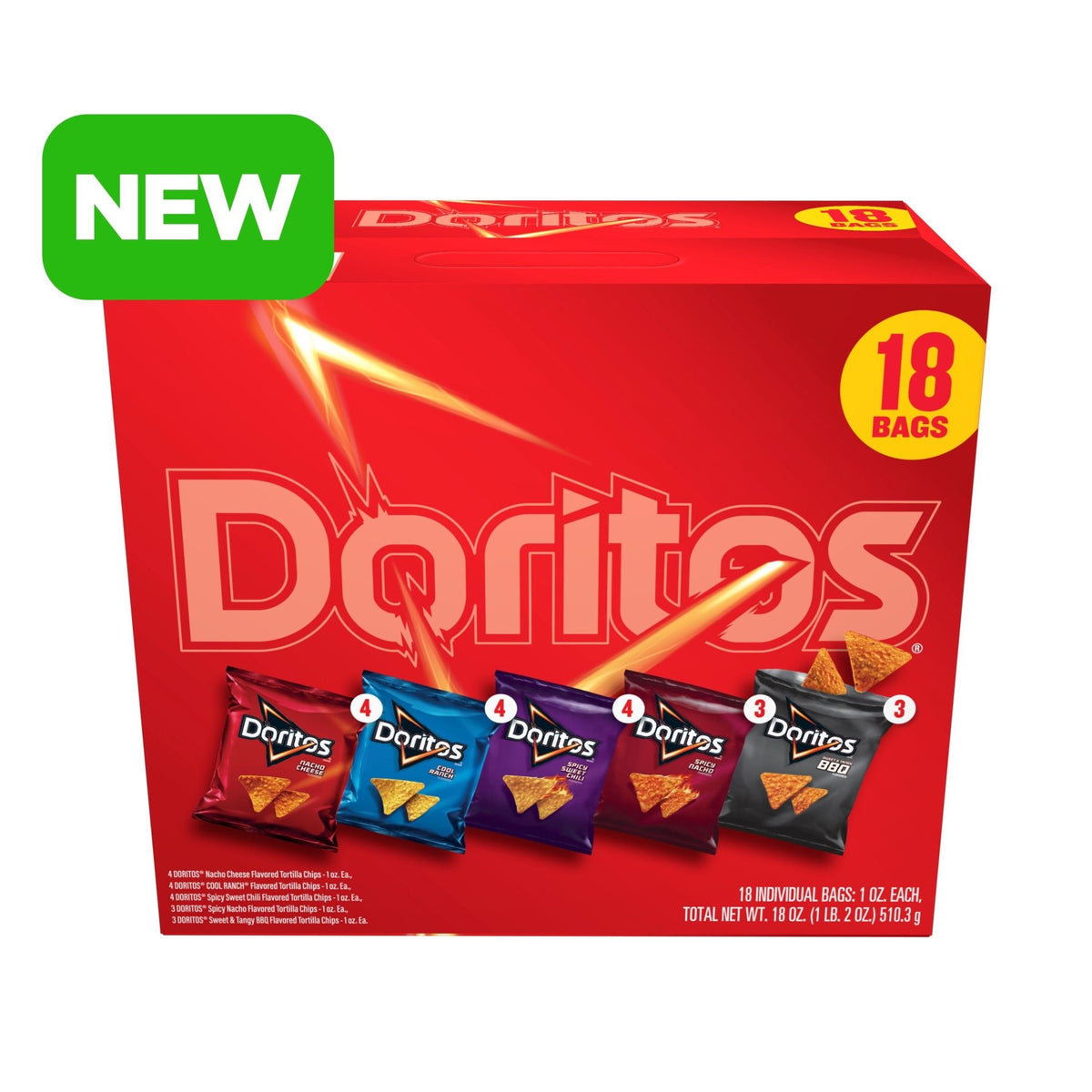 Assorted Doritos tortilla chips 5-flavor variety pack in 1 oz snack bags, 18-count, featuring colorful chip bags and flavors.