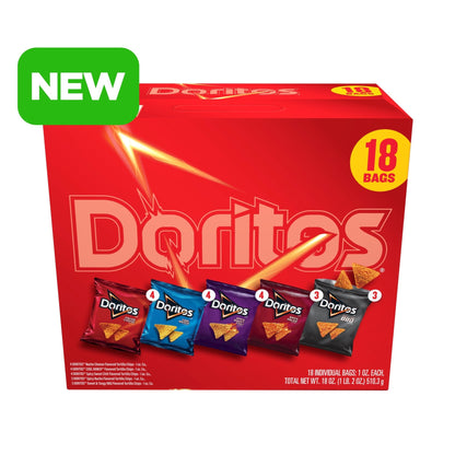 Assorted Doritos tortilla chips 5-flavor variety pack in 1 oz snack bags, 18-count, featuring colorful chip bags and flavors.