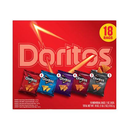 Assorted Doritos Tortilla Chips 5-flavor variety pack in 1 oz snack bags, featuring colorful chip bags and Doritos branding.