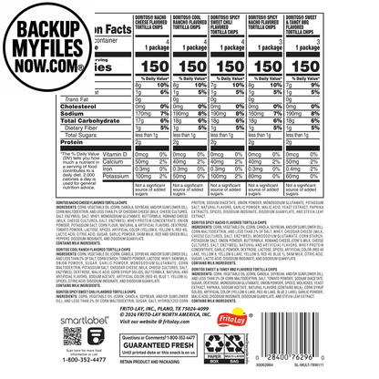 Assorted Doritos tortilla chips in 1 oz snack bags from the 5 flavor variety pack, showing colorful chip bags and chips.