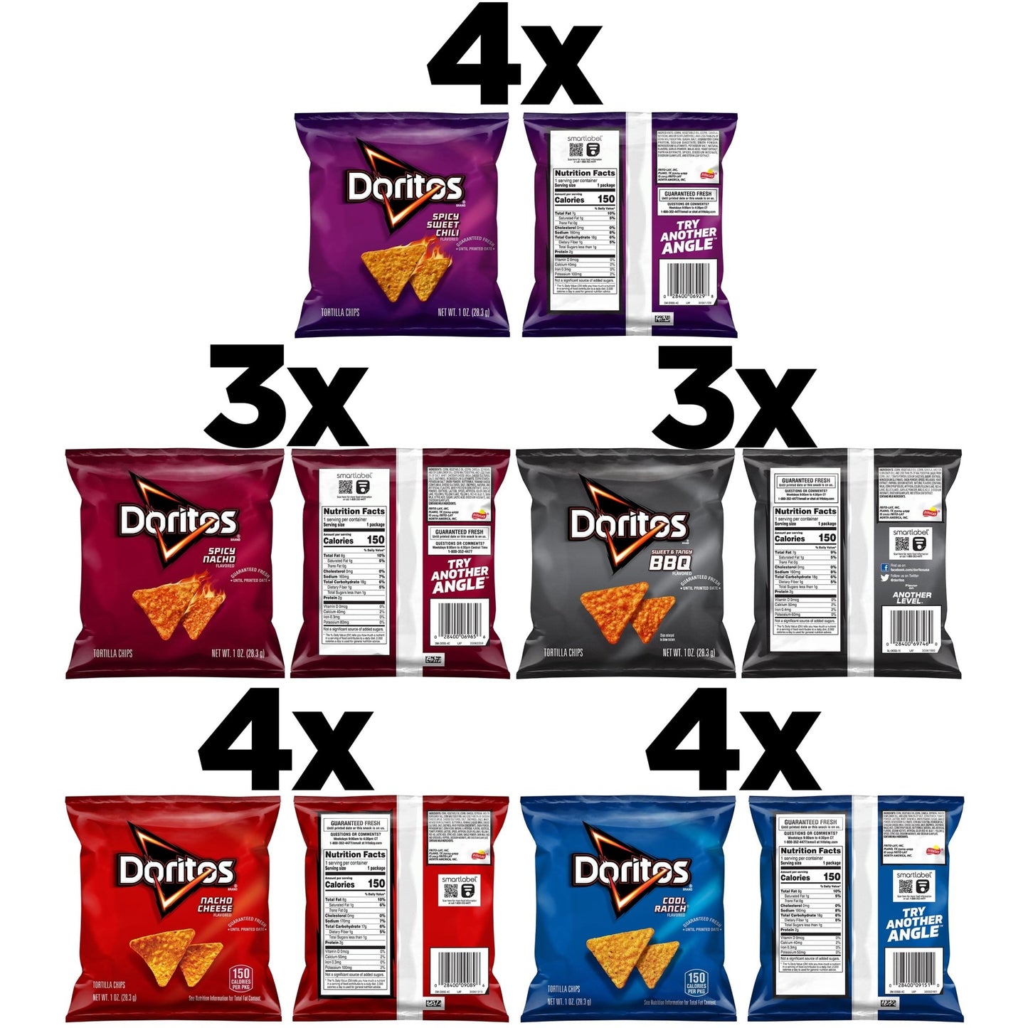 Assorted Doritos tortilla chips in 1 oz snack bags from the 5-flavor variety pack, featuring colorful chip bags and brand logo.