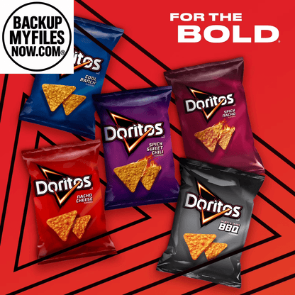 Assorted Doritos Tortilla Chips 5-flavor variety pack in 1 oz bags, 18-count, colorful snack chip bags with vibrant packaging.