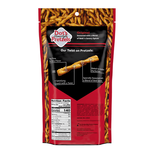 Five 16 oz bags of Dot's Homestyle Pretzels Original Seasoned Pretzel Twists snack in a clear view of the snack bags.