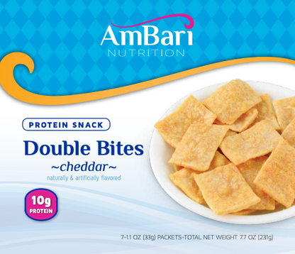 AmBari Nutrition Double Potato Bites with cheddar cheese, showing a box of crispy, savory snack bites on a white background.