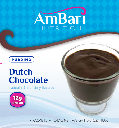 AmBari Nutrition Dutch Chocolate Protein Pudding in a bowl, showcasing rich, creamy chocolate dessert with a smooth texture.