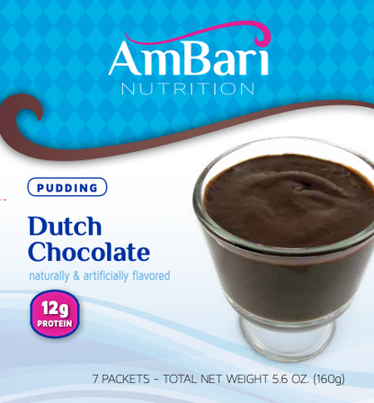 AmBari Nutrition Dutch Chocolate Protein Pudding in a bowl, showcasing rich, creamy chocolate dessert with a smooth texture.