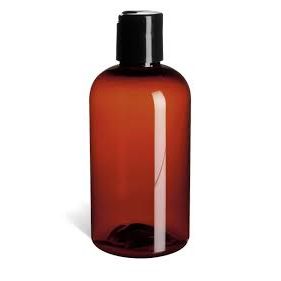 8 oz amber plastic bottles from Pasteur Pharmacy, shown in a pack of 100, ideal for storing liquids or pharmaceuticals.