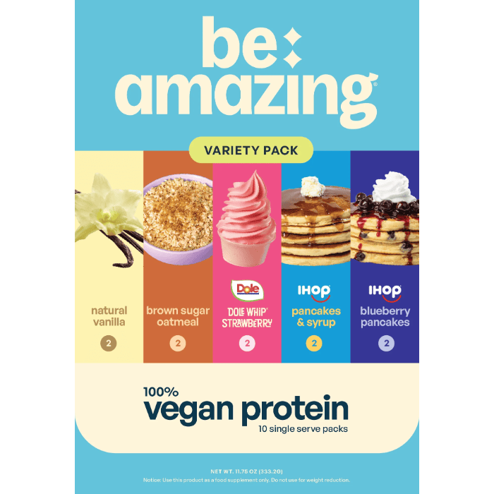 Be Amazing vegan protein powder in a white container with a scoop, showcasing a plant-based protein supplement for health and fitness.