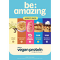 Be Amazing vegan protein powder in a white container with a scoop, showcasing a plant-based protein supplement for health and fitness.