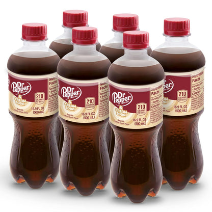 Six 16.9 oz bottles of Dr Pepper Creme Soda water in a pack, featuring clear bottles with Dr Pepper branding and cream soda flavor.