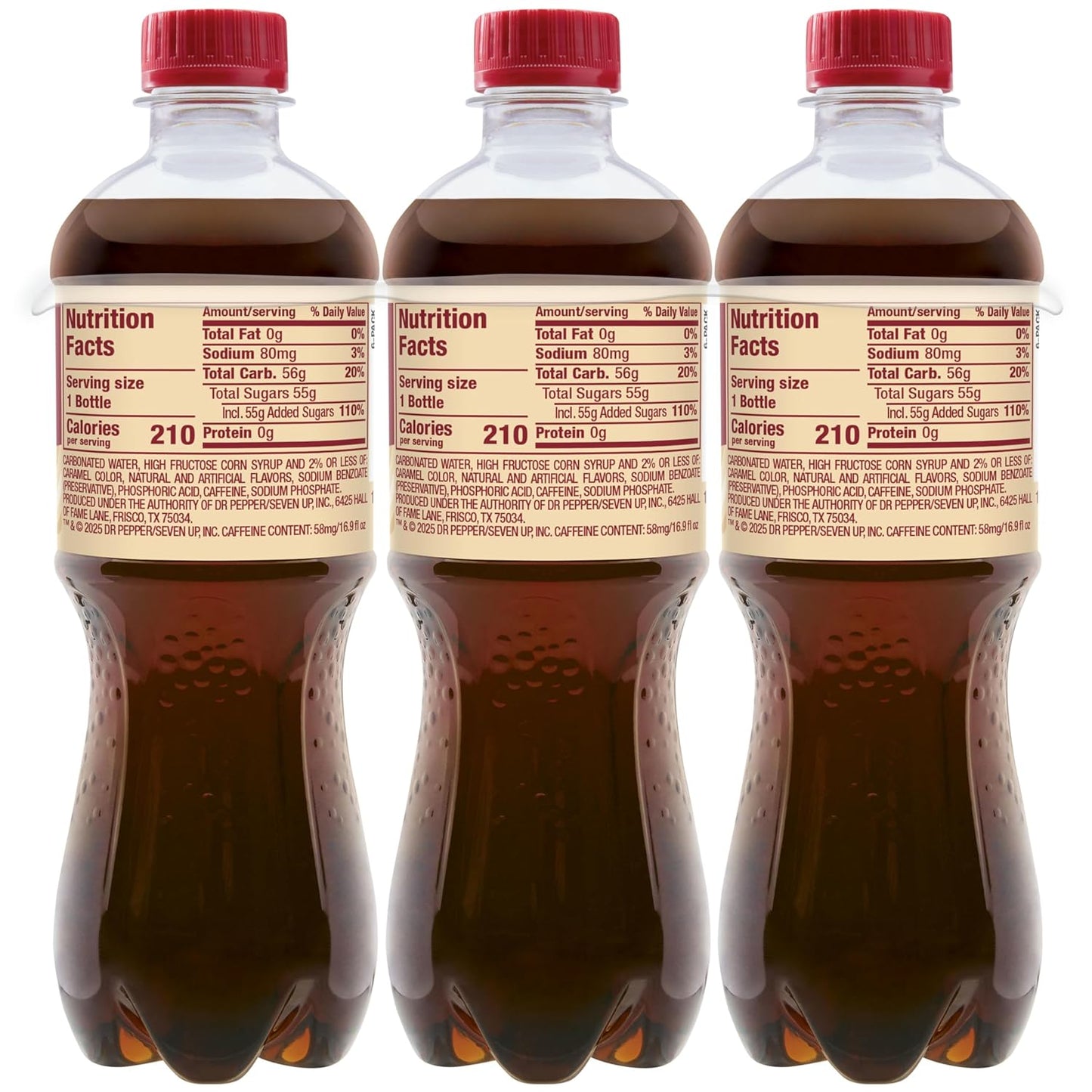 Six 16.9 oz bottles of Dr Pepper Creme Soda flavored water in a pack, featuring clear plastic bottles with colorful labels.