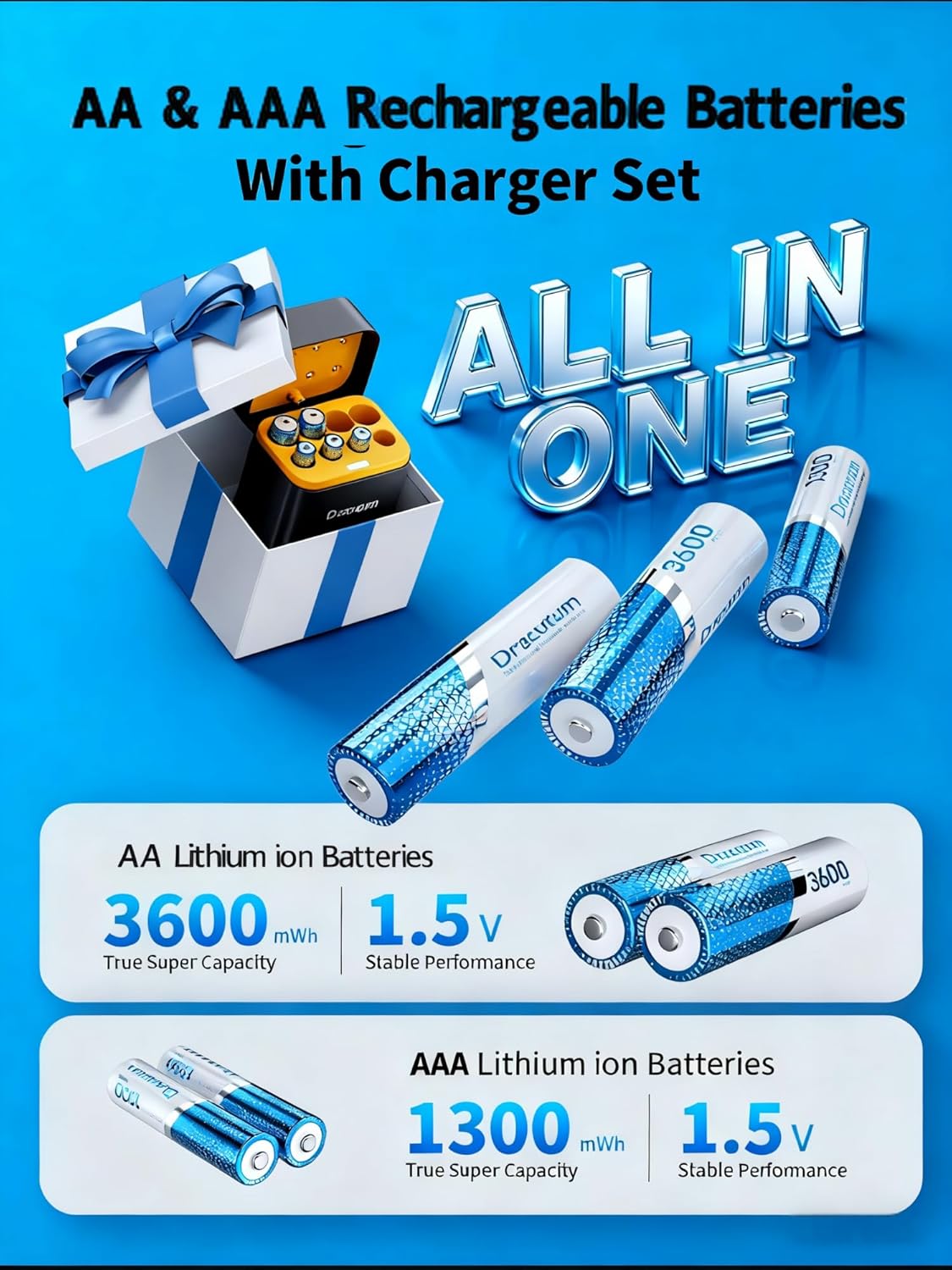 Dracutum AA + AAA Rechargeable Batteries Lithium Combo with Charger, 8 Pack 1.5V High Capacity 3600mWh Double A Batteries & 1300mWh Triple A Batteries, Fast Charge in 3 Hours and 2000 Cycles - BACKUPMYFILESNOW