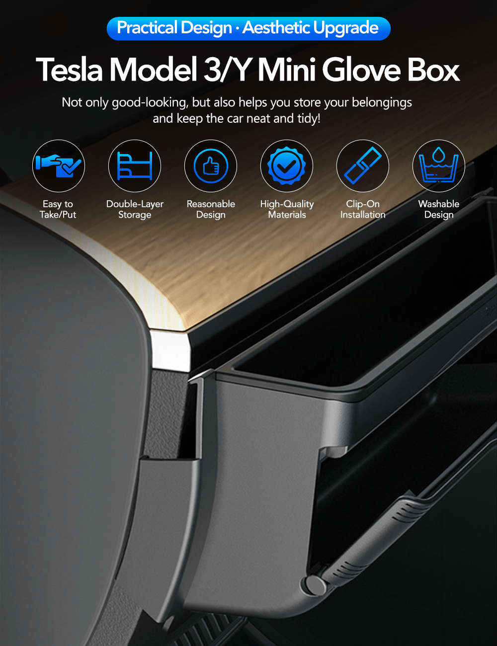 Tesla Model Y driver mini glove box storage box by Tesery Official Store, compact interior accessory for vehicle organization.