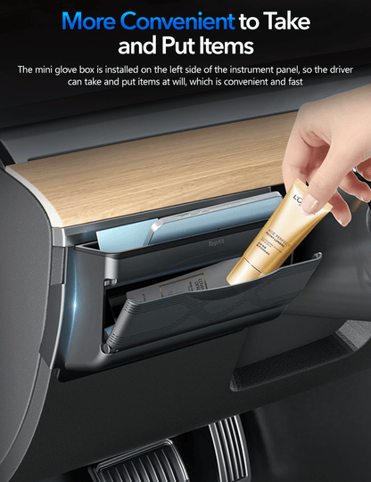 Tesla Model Y driver mini glove box storage box by Tesery, compact and easy to install in the vehicle's glove compartment.