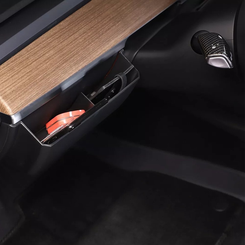 Driver side dash panel storage box for Tesla Model Y and Model 3, provides organized space on the vehicle's dashboard.